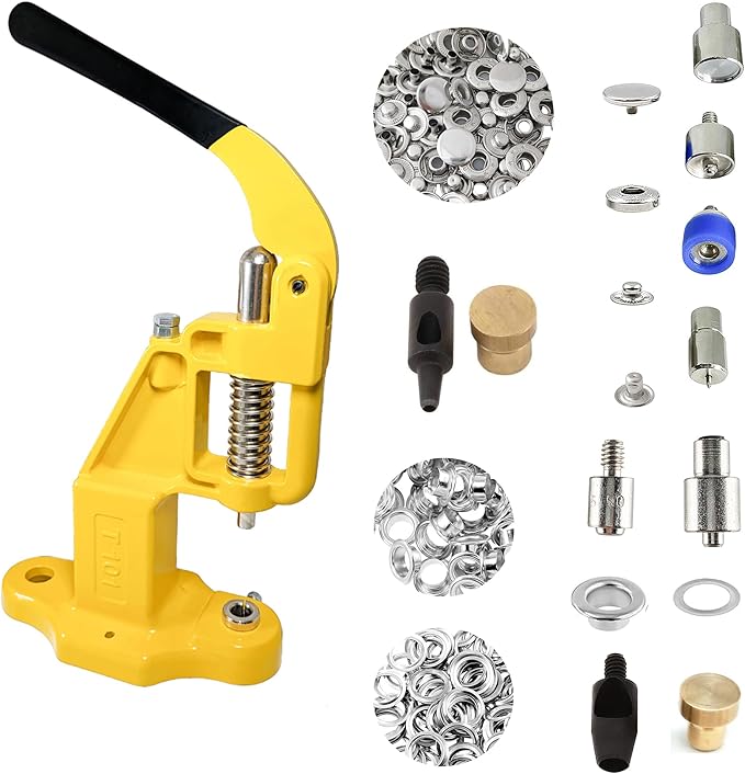 Hobby Trendy Hand Press with Rust Free Steel 50 Sets Ln24 15mm Fashion Spring Glove Snaps and 50 Sets Brass 8 mm (Nr5) Eyelets, Matching Dies and Hole Punches (Silver Supplies, Yellow Press)