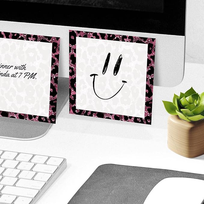 Sticky Notes, 2 Pads, 3x3 inches, Cute Colorful Fun Self-Stick Note Pads, Easy Post, Strong Adhesive Notepad Pink Glitter Leopard