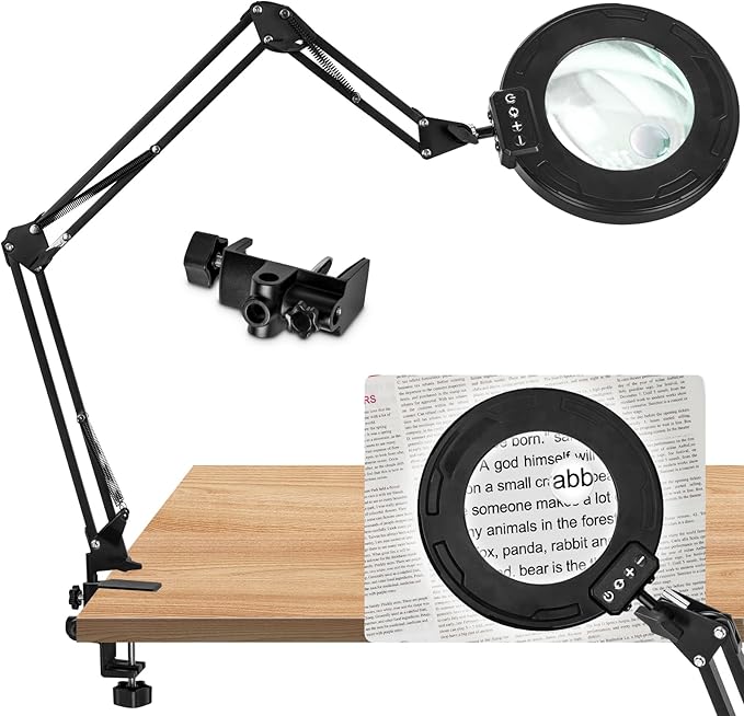 HITTI Ultra Long 12X & 30X Magnifying Glass with Light and Clamp, 5 Color Modes Steepless Dimming Desk Lamp, Swivel Arm Workbench Light, Hands Free Lighted Magnifier Stand for Craft Reading Hobby