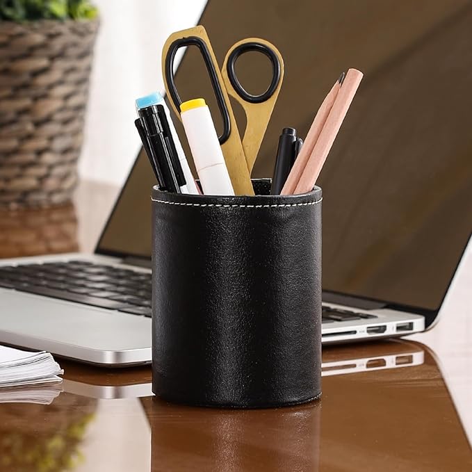 Pen Holder for Desk, PU Leather Pencil Holders for Cosmetics Office Supplies, Desk Organizer Black PH107