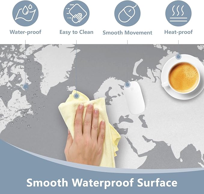 Mouse Pad Desk Mat Leather Desk Pad Large Gaming Desk Cover Protector Mat for Keyboard Computer Laptop Office Waterproof 47.2 x 23.6 Inch World Map Grey