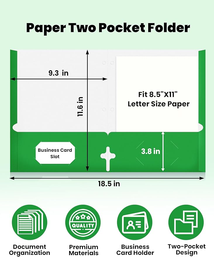 SUNEE Folders with Pockets 3 Hole Punched(50 Pack, Green), 2 Pocket Folders Fit Letter Size Paper, Paper File Folder for School Office Home Business