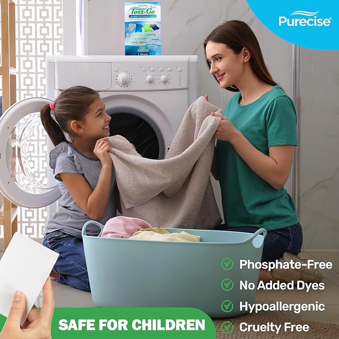 Purecise - Toss & Go - Unscented Laundry Detergent Sheets - No Mess, Skin-Friendly, Fast-Dissolving, Scent Free - 30 Loads - 5ct Pack of 3