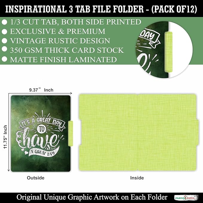 PARTH IMPEX 12 Pack Decorative File Folders, 1/3 Cut Tab with Assorted Positions, Letter Size Paper Holders (9.37” x 11.75”) Matte Finish Laminated for Office School Work - Inspirational Quotes Design