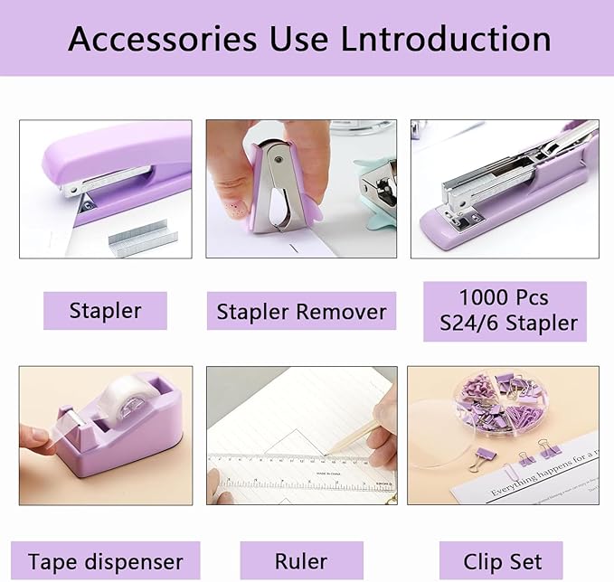 Office Supplies,Desk Accessories,Tape Holder,Stapler,Scissor,Staple Remover,Box of Binder Clips,Staples,Ballpoint Pen,Sticky Notes,Clear Tape,Ruler,Office Supplies Set Purple