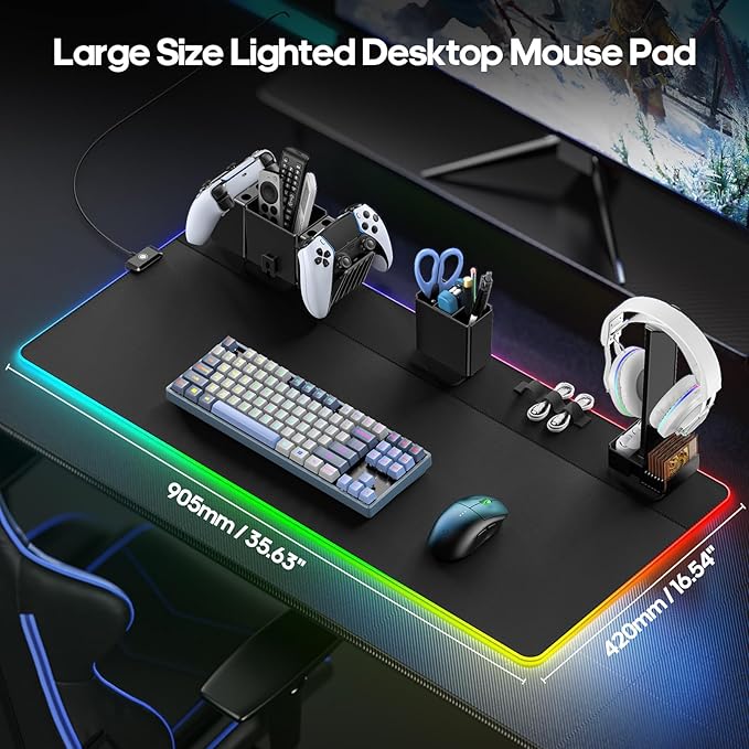 KDD RGB Gaming Mouse Pad with Magnetic Organizer Set - 8 in 1 Desk Keyboard Mat with Desktop Storage for Headset & Controller Stand/Remote Holder/Pen Holder/Cable Management for Gamer Accessory Setup