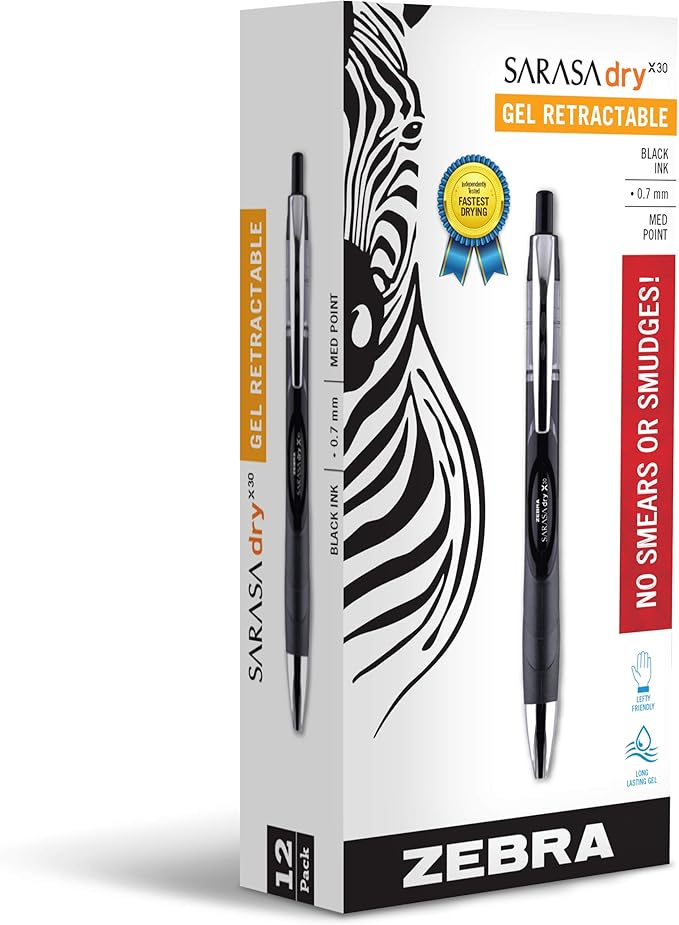 Zebra Pen Sarasa Dry X30 Retractable Gel Pen, Medium Point, 0.7mm, Black Ink, 12-Pack