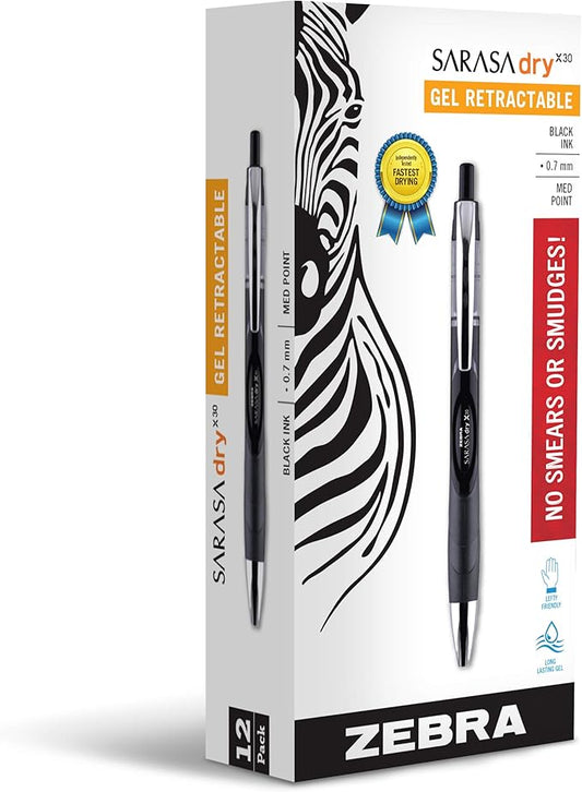 Zebra Pen Sarasa Dry X30 Retractable Gel Pen, Medium Point, 0.7mm, Black Ink, 12-Pack