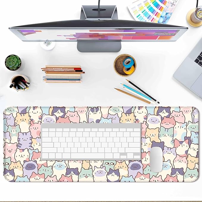 Pink Cat Gaming Mouse Pad, Extended Large Kawaii Desk Mat, Computer Keyboard Laptop Mousepad for Work, Office and Home, XL