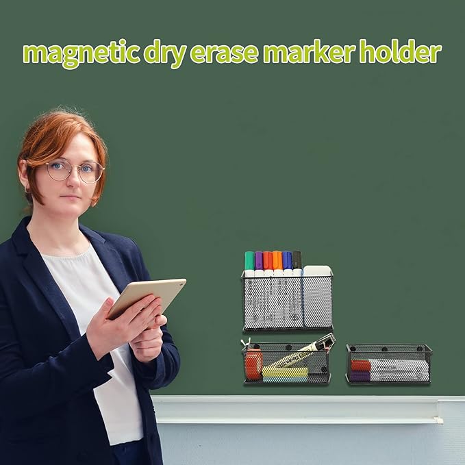 Neudeco Locker Shelf Organizer, Magnetic Pencil Holder, Metal Storage Basket for Whiteboard, Refrigerator, Ideal Cabinet for School, Black (Pack 3M)