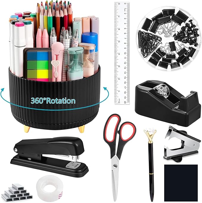 Office Supplies,Desk Accessories,with Stapler,Tape Dispenser,Staple Remover,Scissor,Ballpoint Pen,Sticky Notes,Clear Tape,Staples,Desk Organizer,Ruler,Binder,Best Gift Set(Black)