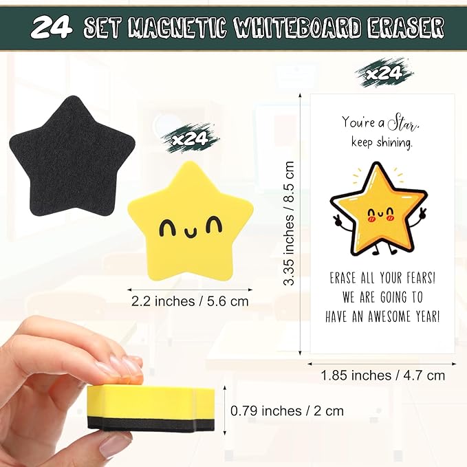 Lincia 24 Sets Smile Face Magnetic Dry Erase Whiteboard Erasers with Motivational Cards and Bags Gifts Bulk for Classroom Prize Teachers