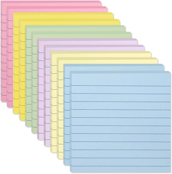 (12 Pack) Lined Sticky Notes 4x4 in, Pastel Colors Self Sticky Notes Pad Its Super Sticking Power Memo Pads, 4x4 Large Square Sticky Notes for Office, Home, School, Meeting