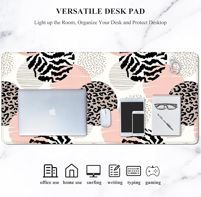 Auhoahsil Large Mouse Pad, XXL Gaming Mousepad, Desk Mat for Desktop, Thick Rubber, Big & Long Size, Stitched Edges, Full Desk Pad for Laptop & Computer, Extended 35.4 x 15.7 in, Pink Dots Leopard
