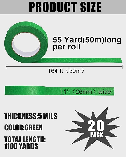 Fainne 20 Pcs Green Painters Masking Tape Bulk 1 Inch x 55 Yard, General Purpose Paint Band Removable Adhesive Tape Multi Surface Roll for Painting Labeling School Supplies