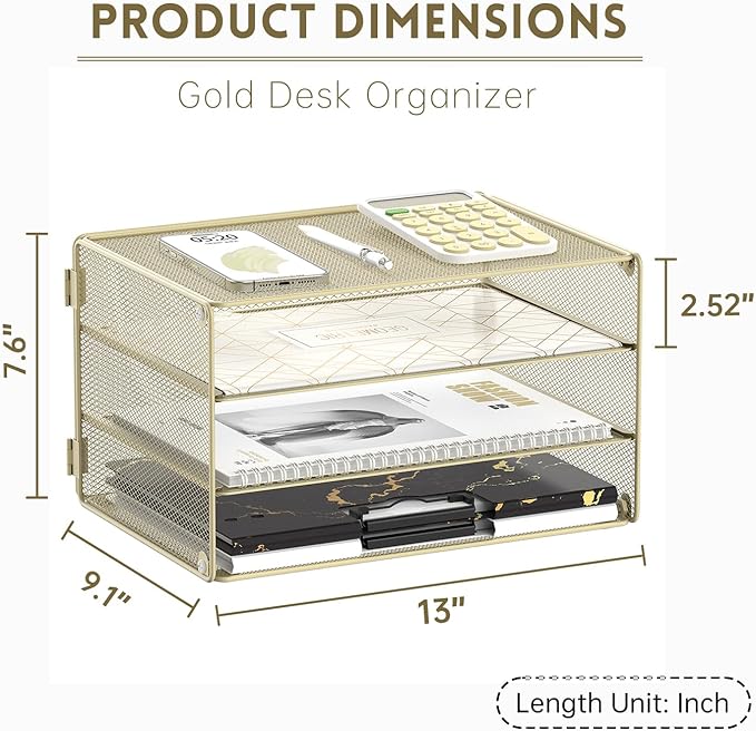 DALTACK 3 Tier Letter Tray Paper Organizer Mesh Metal Desk File Organizer for Home & Office, Golden Yellow