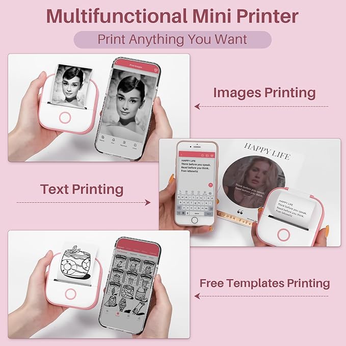 Instant Print for Kids - T02 Mini Printer, Thermarote Sticker Maker, Instant Phone Photo Printer for Study, Fun, Games, Stickers, Labels, Flashcards, Pink
