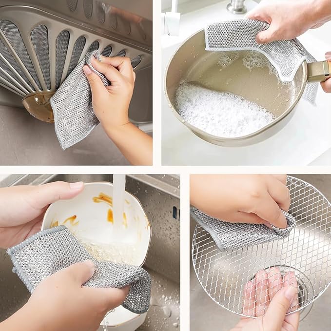 Multipurpose Wire Dishwashing Rags for Wet and Dry, 2025 Upgrade Non Scratch Metal Wire Dishcloth, Reusable Premium Metal Scrubbing Pads Sponge Clean for Home Kitchen Stove Tops (5Pcs)