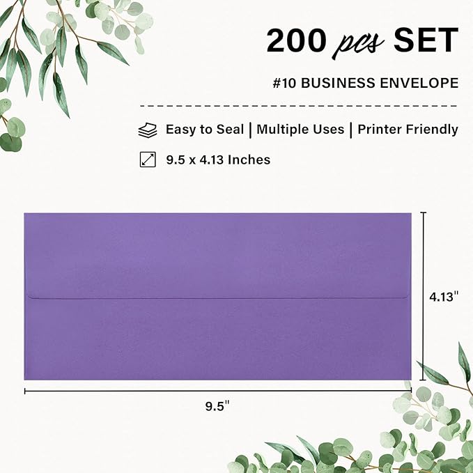 200 Pack #10 Business Envelopes, Self Seal Standard Purple Envelopes for Secure Business & Legal Mailing, Office, Checks, Letter, Invoices, 4 1/8 x 9 1/2 Inches