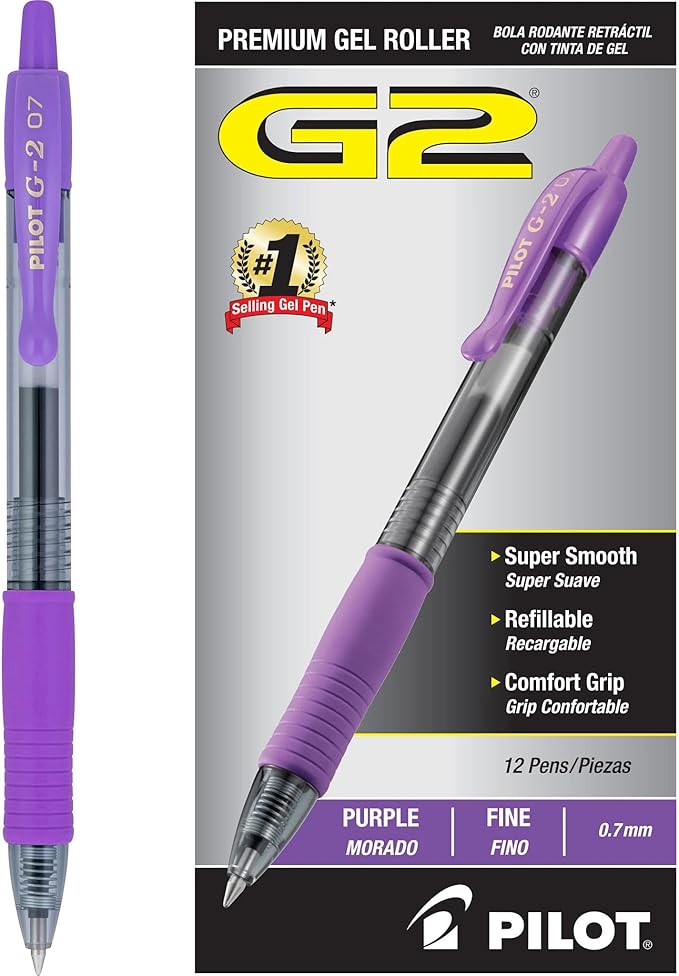 Pilot G2 Premium Gel Roller Pens, Fine Point 0.7 mm, Purple Ink Pens Fine Point, Pack of 12 - Ideal for School, Journaling, and Office Writing