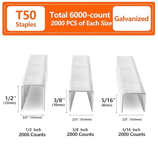 Heavy Duty T50 Staples 6000-Count 3 Sizes Includes: 5/16", 3/8", 1/2", 2000 Per Sizes, Galvanized Assorted Size Project Pack