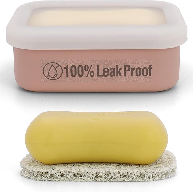 Compact Leakproof Travel Soap Case, Silicone Travel Soap Container, Portable Soap Box with Drainage Layer, Shatterproof Soap Holder for Bathroom, Gym (Pink)
