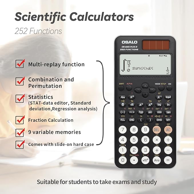 OSALO Scientific Calculator 252 Functions 2-line Written Display & Battery Solar Calculators for Secondary Students (OS-82ES-2)