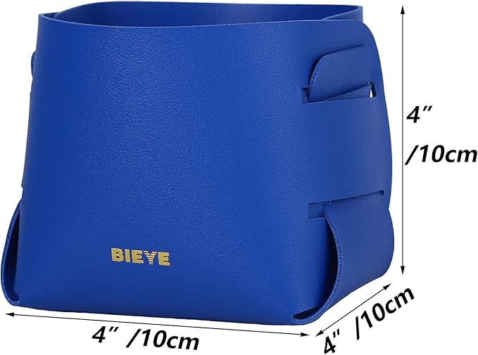Bieye LSB007 Collapsible Leather Storage Bin Decorative Desk Organizer for Jewelry Makeup Pen Pencil Glasses Remote Controller Storage (Sapphire Blue, 4" WX4 LX4 H)