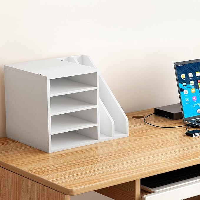 Wood Desk Organizer File Holder, Wooden Mail Organizer Countertop with Adjustable Compartments, Desktop File Organizer Paper Sorter for Home, Office and School, Envelope Organizer, White