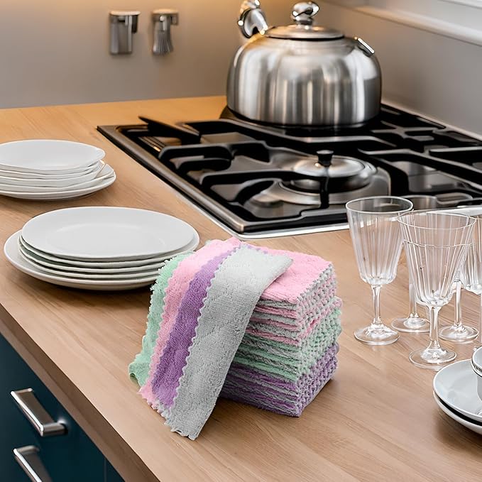 24PCS Kitchen Dishcloth, Microfiber Washcloth, Soft Cleaning Cloths, Coral Fleece/Lint Free/Absorbent/Quick Dry/Nonstick Oil Rags, Reusable Washable Tea Towel, 6''x10'‘ (Green)