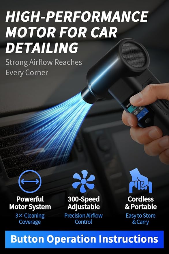 Instant Dust Removal – Electric Air Duster 130000 RPM, 40 mm Motor, 8000 mAh Battery & 30 W Fast Charge, TFT Screen, 300-Speed Control, Rechargeable Compressed Air Blower for PC & Electronics