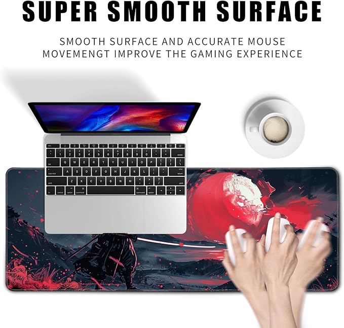 Black Desk Mat Japanese Samurai Mouse Pad XL Red Anime Big Mousepad Gaming Large Mouse Pad for Men Desk Pad with Stitched Edges Non-Slip Large Computer Mat, 31.5x11.8 in