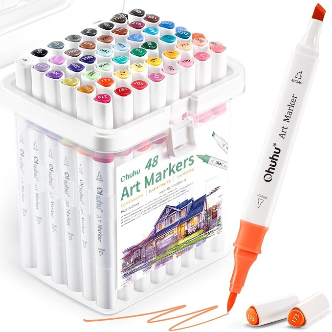 Ohuhu Brush Markers Alcohol Based: Double Tipped Art Sketch Drawing Marker for Artists Adults Beginners Coloring Landscape Architectural Design - Brush& Chisel - 48-color w/Marker Storage Case