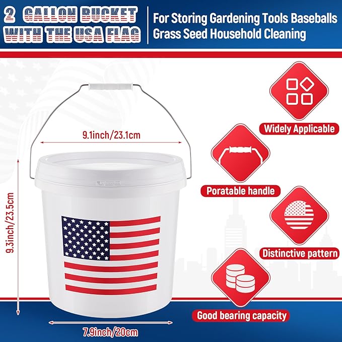 4 Pcs 2 Gallon Plastic Bucket with Lid and Handle, Large White Heavy Duty Bucket with American Flag for Home Gardening Tools Household Cleaning Baseballs Storage Container