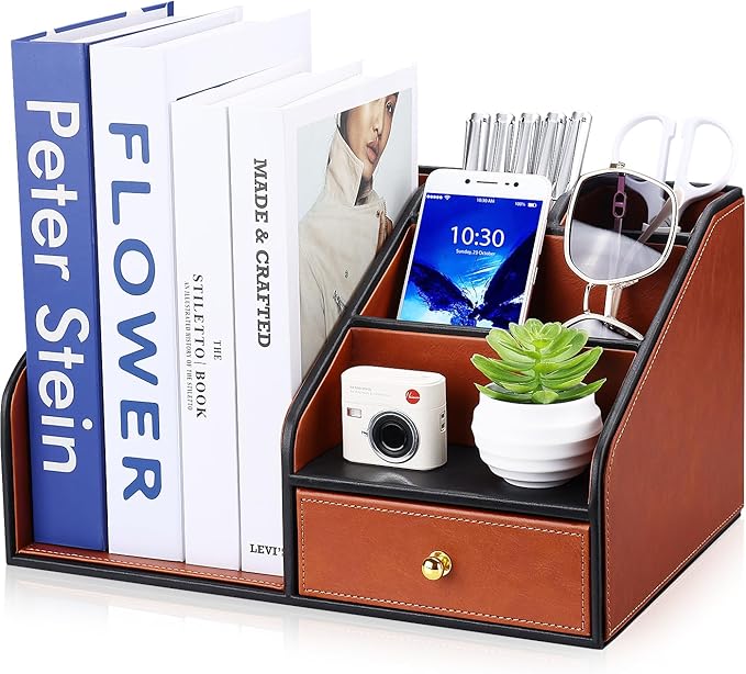 GORESE PU Leather Desk Organizer with Magazine File Holder, Drawer and 4 Compartments, Office Workspace Organizers and Accessories, Large Desktop Organization with File Rack Pen Holder - Tan Brown