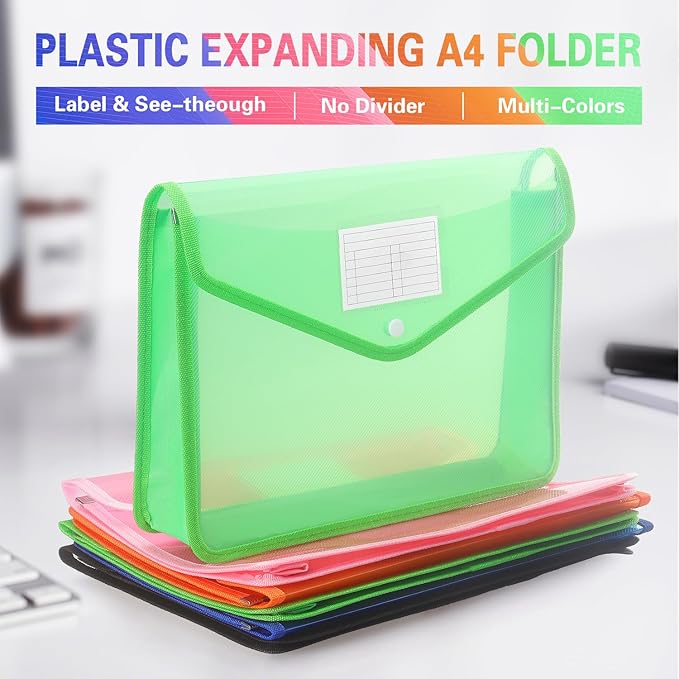 Plastic Expanding File Folder, Transparent envelopes with Snap Closure, No Dividers, Large Capacity, Fit Letter/A4 Size (Green)