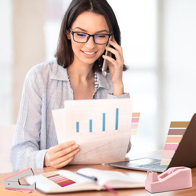 Pink Desk Accessories, Pink Office Supplies, Stapler and Tape Dispenser Set, Pink Desk Accessory Kit, Gift for Students, Women, Coworkers, Boss Lady, Office Clerks