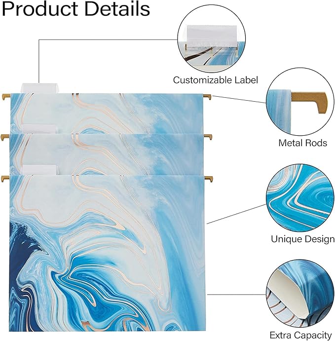 6 Pack Hanging File Folders Filing Cabinet Organizer Letter Size 1/5 Cut Adjustable Tabs Decorative for Home Office School Classroom, Gilding 9.3” x 12.8”…