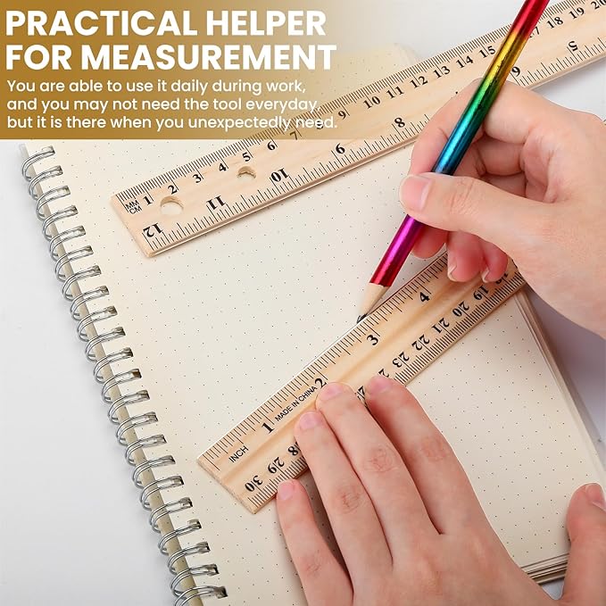 12 Pack Wooden Ruler 12 Inch (30cm) Bulk Wood Measuring Ruler Straight Metal Edge with 4 Holes for School Office Drafting Classroom Supplies, 2 Scale