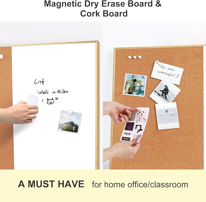 ARCOBIS Cork Board White Board Combo, 36 x 24 Inch Bulletin Board-Gold Frame, Magnetic Dry Erase Board & Corkboard for Wall, Vision Board for Home, Office, School
