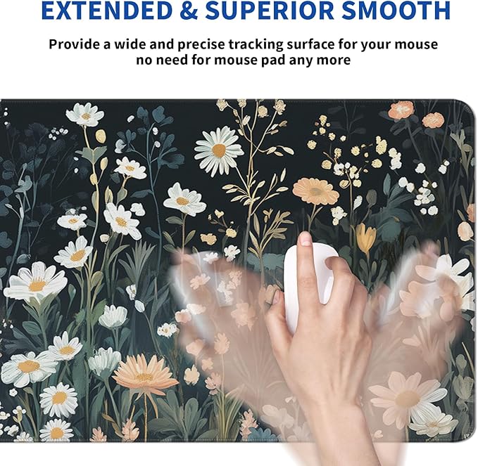 Flower Mouse Pad Abstract Black Mouse Pad 31.5x11.8 Inch Floral Texture Non-Slip Rubber Base Large Weeds Mousepad Stitched Edges Keyboard Mouse Mat Desk Pad for Office and Home