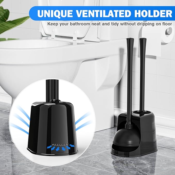 Toilet Plunger and Brush Set, Bowl Brush and Heavy Duty Toilet Brush with Ventilated Holder, 2-in-1 Toilet Brush and Plunger Combo for Bathroom Deeply Cleaning