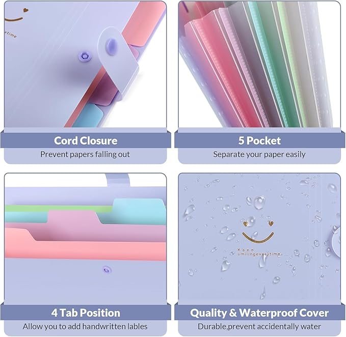 SKYDUE Expanding File Folder with 5 Pockets, Cute Accordion File Organizer, Letter Size Filing Folder, Portable Paper Receipt Organizer, School Office Supplies Purple,Darkpurple