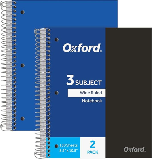 Oxford Spiral Notebooks, 3-Subject, Wide Ruled Paper, Durable Plastic Cover, 150 Sheets, 3 Divider Pockets, 2 per Pack (10385)