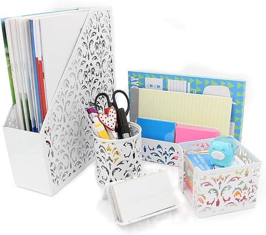 EasyPAG Desk Organizer Set - Pencil Holder Letter Sorter File Holder Business Card Holder and Sticky Note Holder, White