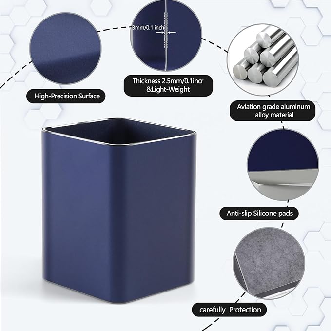 RQB Metal Pen Holder for Desk Square Aluminum Desktop Organizer and Makeup Brush Holder Storage Box for Office, School, Home, and Kids, Non-slip silicone 4×3.15inch (Blue)