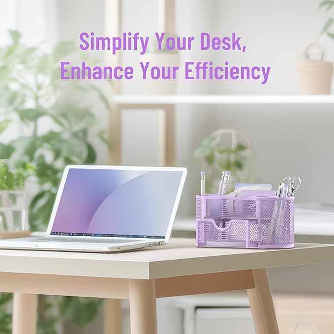 SUPEASY Mesh Desk Organizer, Desk Accessories & Workspace Organizers with Drawers, Pencil Holder for Desk with 9 Compartments for Office Suppliess, 8.6 x 4.3 x 4.1 Inch, Purple