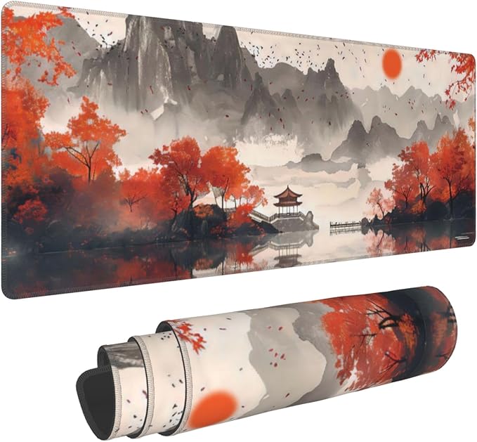 Autumn Landscape Ink Painting Large Mouse Pad, Japanese Anime Gaming Desk Mat, XL Keyboard Desk Pad Mat for Desktop, 31.5"x11.8" Non-Slip Base Big Mousepad with Stitched Edges