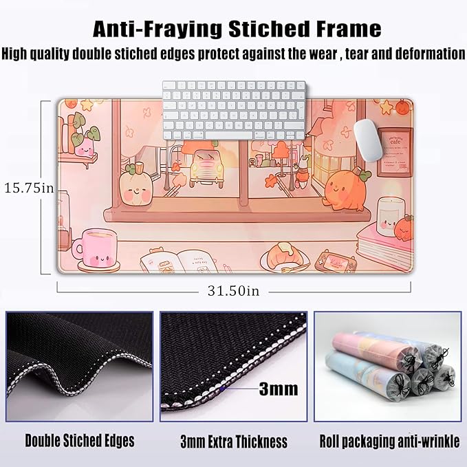 Cute Anime Desk Mat Large Kawaii Mouse Pad Coffee Shop Gaming Mousepad XXL Extended Autumn Pumpkin Themed Desk Pad Computer Laptop Keyboard Mouse Mat Desk Decor 31.5x15.7 in