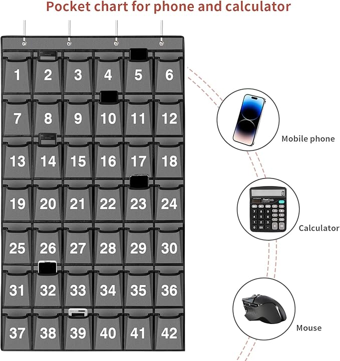 42 Pockets Numbered Classroom Pocket Chart for Cell Phones, Hanging Pocket Chart Storage for Classroom Phone Calculator Holder with 4 Hooks and 42 Clear Numbers Printing (Grey-42pockets)